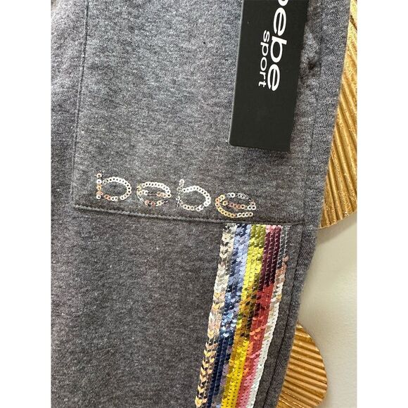 Bebe Women's Gray Jogger Pants S Sequin Logo Casual Elastic Waistband - Picture 2 of 5